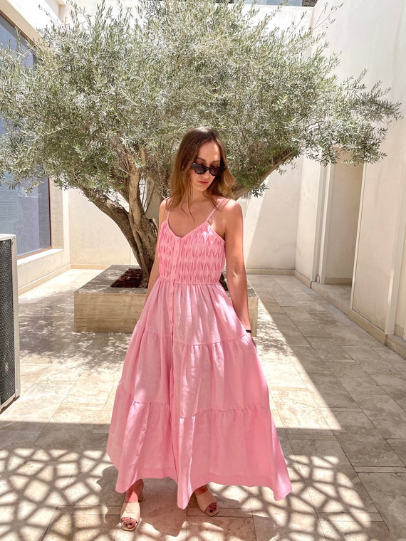 Pink Linen dress LUISA, Maxi dress with shoulder straps,bridesmaid dress