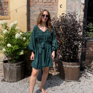 Green Linen Dress,Boho Short Dress, dress with sleeves,Summer dress for woman image 3