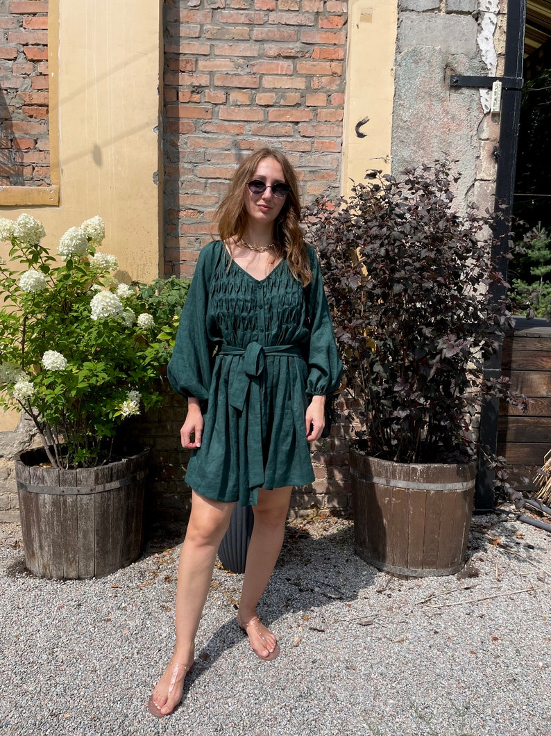 Green Linen Dress,Boho Short Dress, dress with sleeves,Summer dress for woman image 3