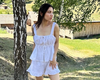 White Linen pajama,bridesmaid pajama,Linen pajama set,Pajama set women