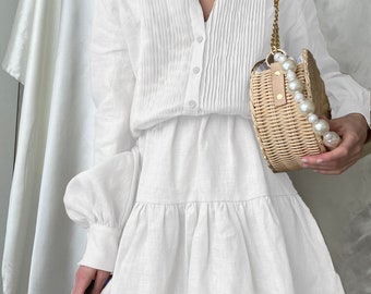 Weddind Linen dress MONIKA,White Short dress, Puff sleeves long dress,boho linen dress