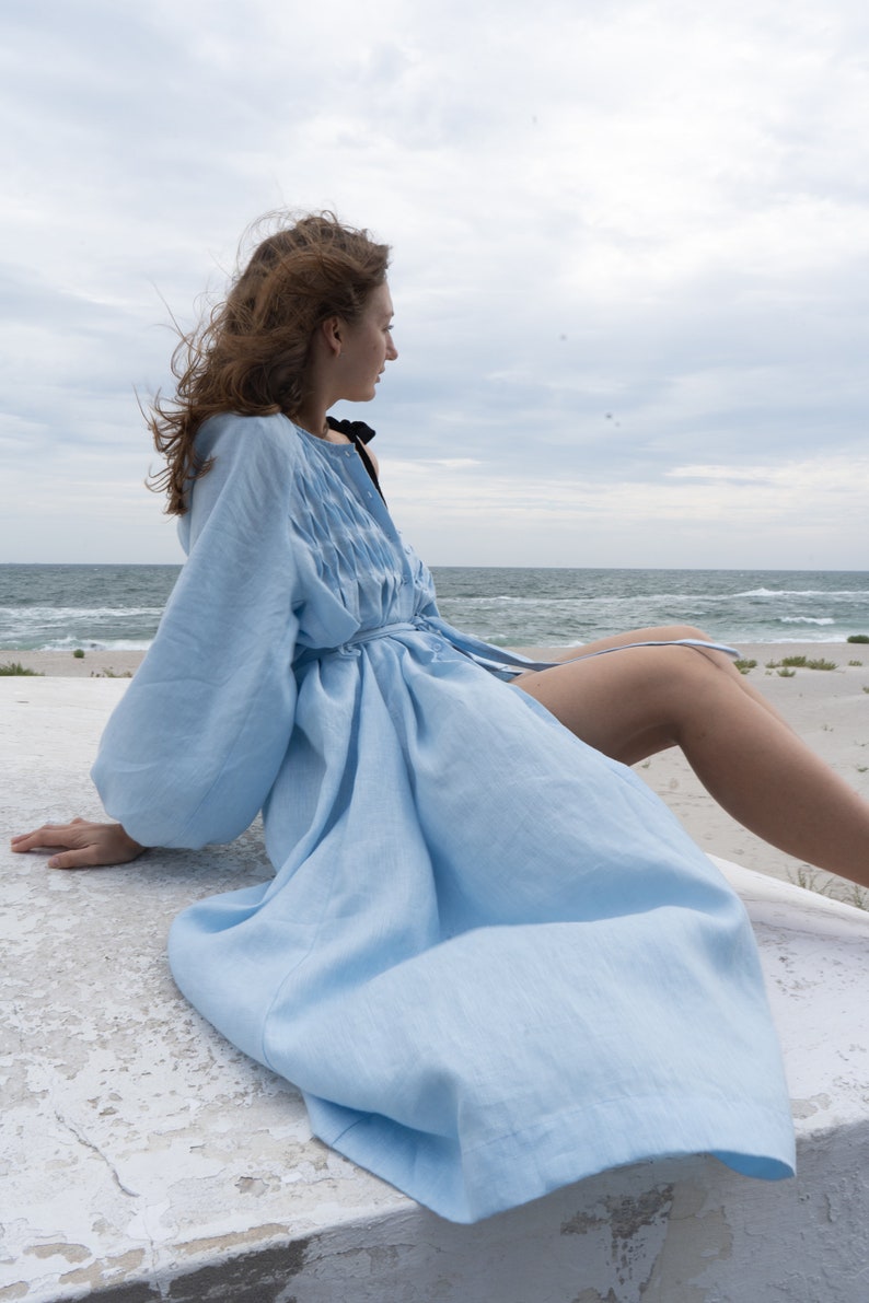 Light blue dress, linen dress, Puff slevees image 4