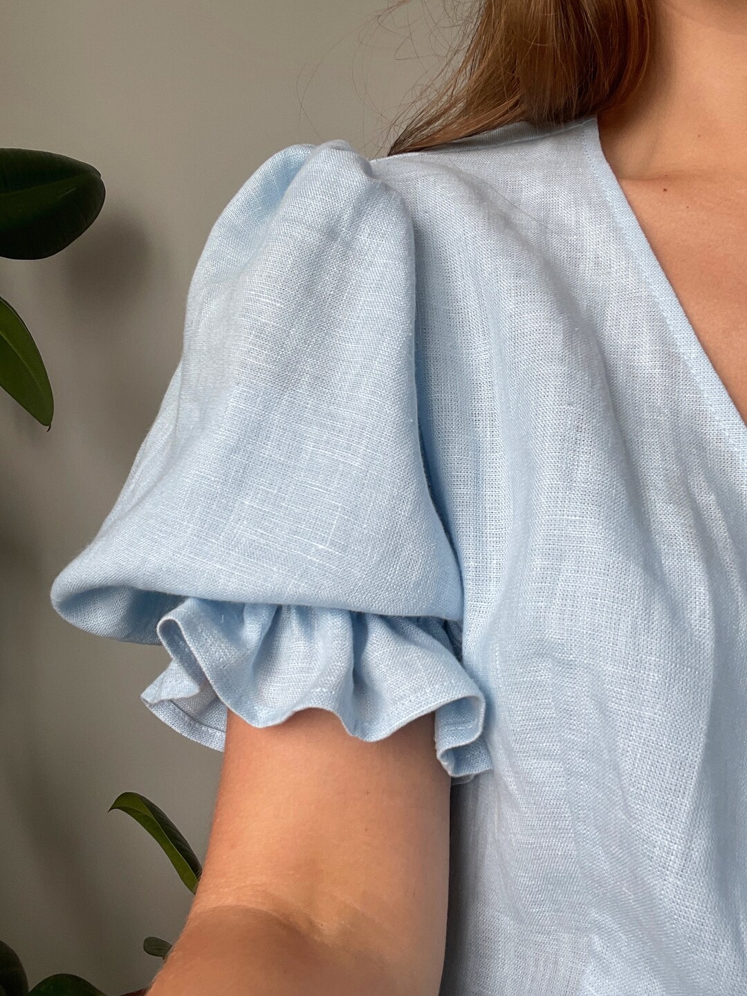 Linen Blue Dress LUNA, Long Dress With Puff Sleeve Sleeves,wrap Dress ...