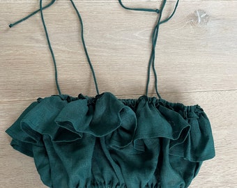 Schulterfreies Top, Sommer hemd, Leinen Grüner BH,Leinen Top,Rüschen Top,Grün Crop Top