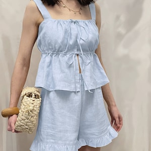 Linen Bridesmaid Pjs Set, Bridal Pajamas, Wedding Pajamas, Linen Bridal Party Pajama White & Blue Set, Linen Wedding Bridesmaid Gifts