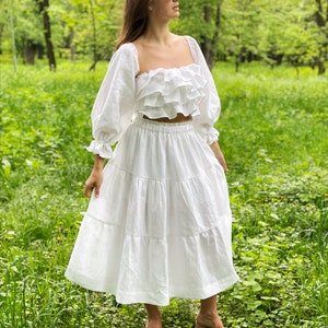 White Linen Skirt,wedding tiered white skirt from natural linen,Long skirt for woman image 1