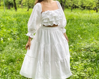 White Linen Skirt,wedding tiered white skirt from natural linen,Long skirt for woman