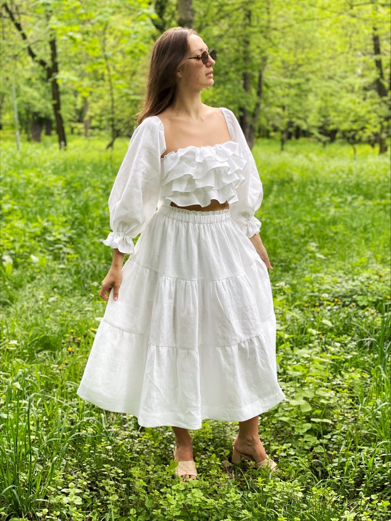 White Linen Skirt,wedding tiered white skirt from natural linen,Long skirt for woman image 1