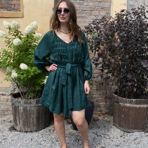 Green Linen Dress,Boho Short Dress, dress with sleeves,Summer dress for woman image 6