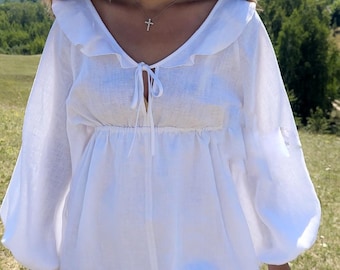 White Linen Dress,Bridal dress,Puff sleeve dress,white short dress,boho wedding dress,Linen dress