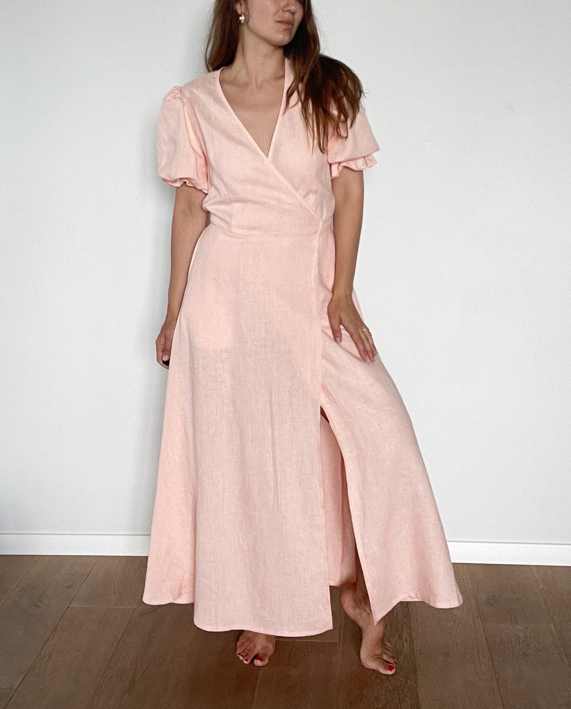 Vivid Blossom Linen Dress (Peach)