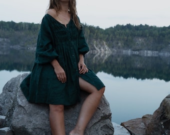 Linen Green Dress, Puff Sleeve Dress,Wedding  guest dress,Bridesmaid dress,Linen Summer dress,Home coming dress