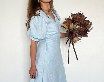 Wrap Linen Dress LUNA,Long Dress,Puff Sleeves dress,Bridesmaid dress,Dress with pockets,Cottagecore dress,Rustic Wedding Dress