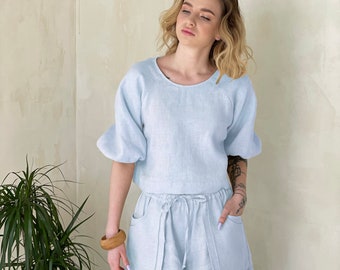 Linen shorts for woman,High waist linen shorts,Bridesmaid pajamas,Light blue shorts