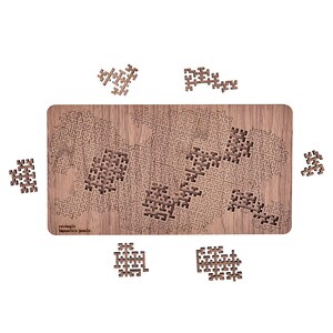 Könnte beinhalten: Ein rechteckiges, unmögliches Holzpuzzle mit komplizierten, ineinandergreifenden Teilen. Das Puzzle ist größtenteils zusammengesetzt, mit mehreren losen Teilen. Das Holz hat eine natürliche Maserung und eine warme braune Farbe. Der Text "rectangle impossible puzzle" ist sichtbar.