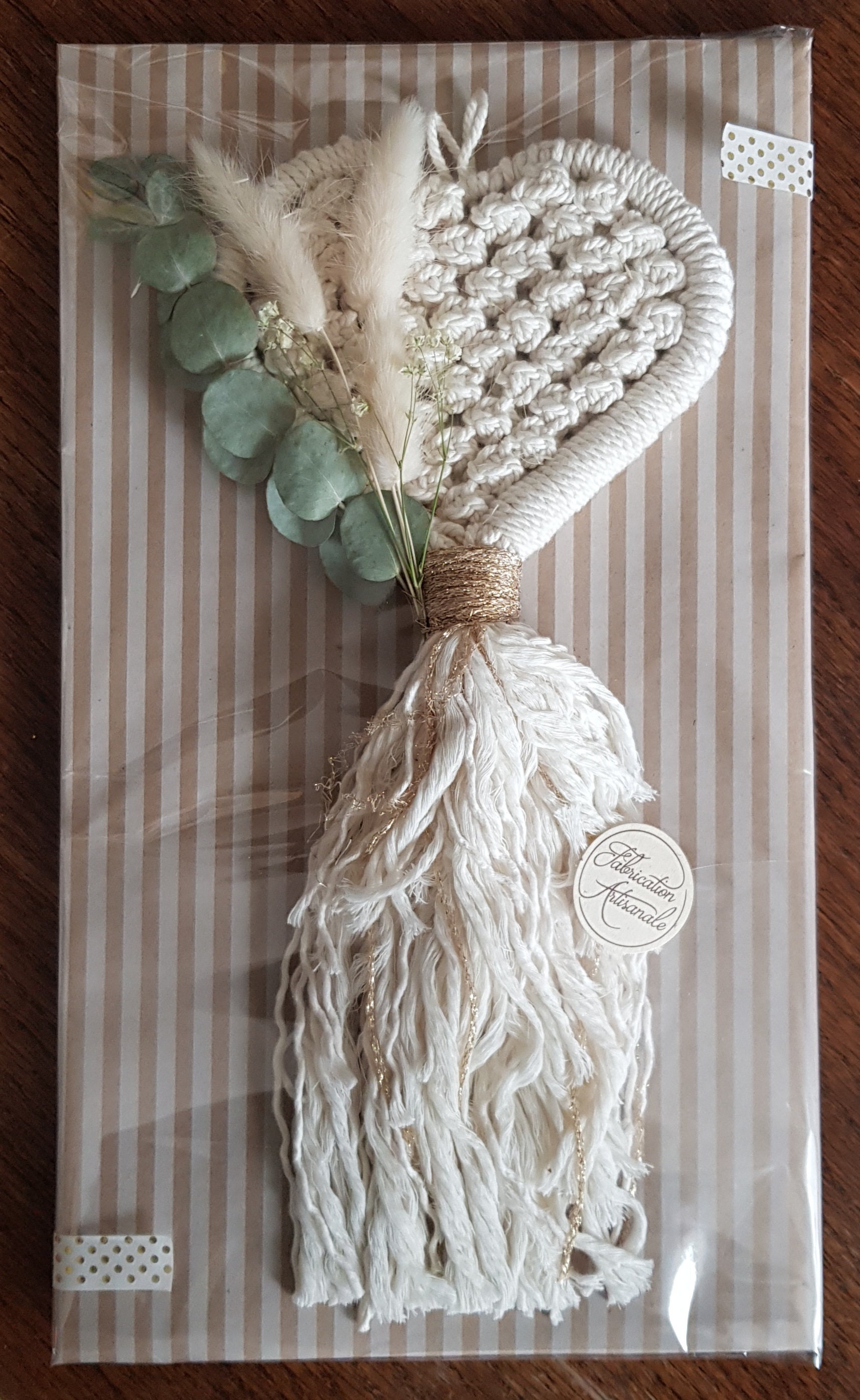 Cœur Macramé Naturel Or Fleurs Séchées