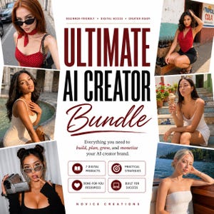 Puede incluir: Un anuncio de producto digital titulado Ultimate AI Creator Bundle con el subtítulo Everything you need to build, plan, grow, and monetize your AI creator brand. Incluye seis fotos de mujeres y cuatro iconos para productos digitales, estrategias, recursos y éxito.