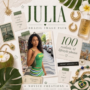 Puede incluir: Una colección digital titulada JULIA BRAZIL IMAGE PACK con 100 fotos de estilo de vida realistas generadas por IA. El diseño incluye una foto central de una persona con camiseta verde, pendientes de aro dorados, un colgante y elementos tropicales.