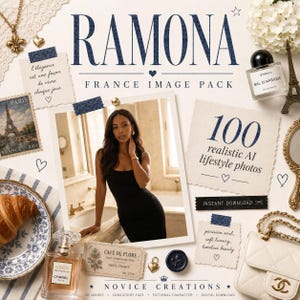Puede incluir: Un paquete de imágenes digitales titulado RAMONA FRANCE IMAGE PACK que contiene 100 fotos de estilo de vida realistas generadas por IA. El collage incluye una foto central de una persona con vestido negro, un croissant, perfumes y texto.