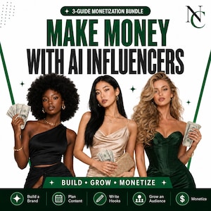 Può includere: Un grafico digitale intitolato 3-GUIDE MONETIZATION BUNDLE MAKE MONEY WITH AI INFLUENCERS che mostra tre diverse persone che tengono in mano banconote in dollari. Il design include etichette di testo per Build, Grow, Monetize e icone per brand e contenuti.