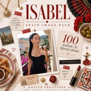 Peut inclure: Un pack d'images numériques intitulé ISABEL SPAIN IMAGE PACK contenant 100 photos de style de vie réalistes générées par IA. Le collage comprend une photo centrale, un timbre espagnol, des olives, des churros, un rouge à lèvres et des objets.