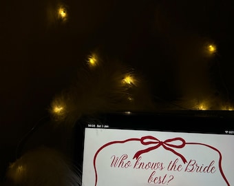 ¿Quién conoce mejor a la novia? Juego ROJO: imprimible para despedida de soltera, juegos de boda para damas de honor, plantilla editable de Canva, actividad para la novia