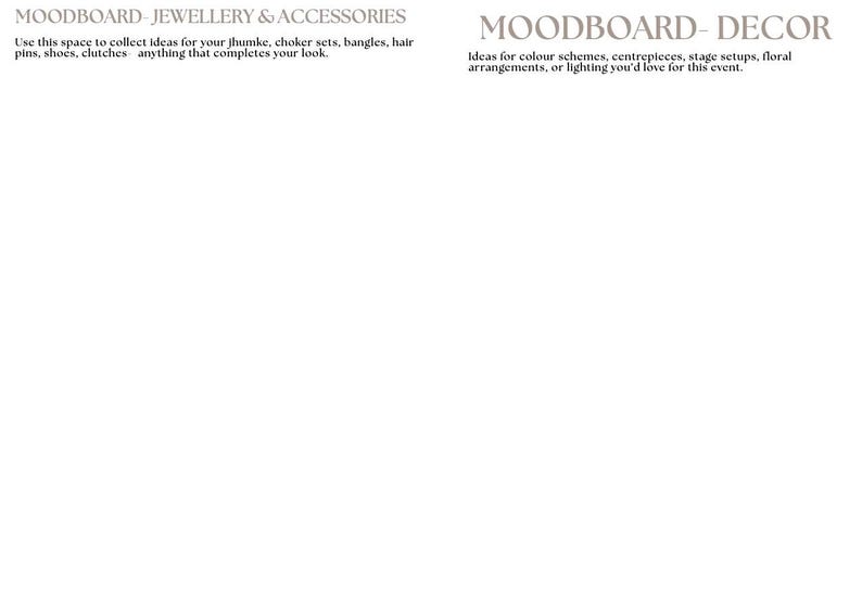 Puede incluir: Fondo blanco con textos "MOODBOARD - JEWELLERY & ACCESSORIES" y "MOODBOARD - DECOR". La primera secci&oacute;n es para recopilar ideas de joyer&iacute;a y accesorios. La segunda secci&oacute;n es para ideas de decoraci&oacute;n.
