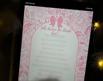 ¿Quién conoce mejor a la novia? Juego BLUSH: imprimible para despedida de soltera, juegos de boda para damas de honor, plantilla editable de Canva, actividad para la novia