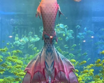 May include: A mermaid tail with a pink and blue color scheme. The tail has a large, wing-like fin and a scaly pattern. The tail is in a swimming pool with many yellow fish.
