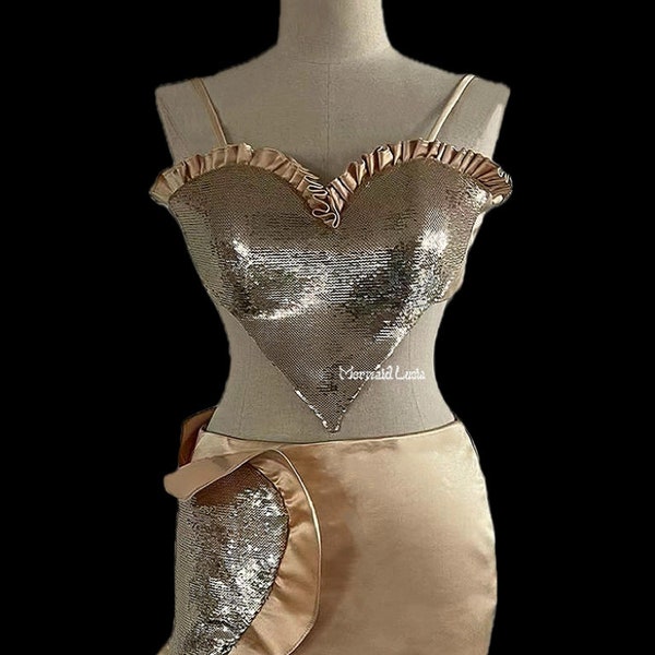 Christmas Shimmering Golden Heart Glamorous Top Corset Skirt Corselette