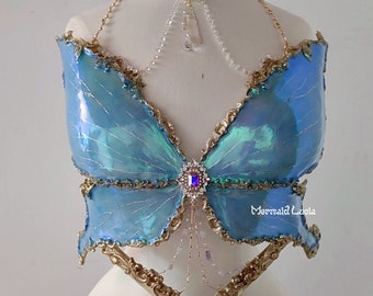 Fantasy Blue Waterlily Butterfly Resin Mermaid Corset Bra Top