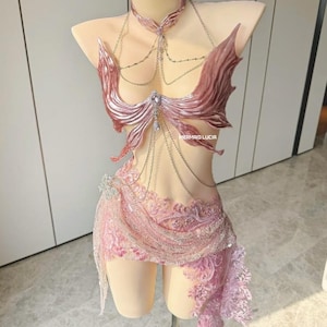 Pink Shimmering Angel Wings Resin Mermaid Corset Bra Top Cosplay Costume Patent-Protected