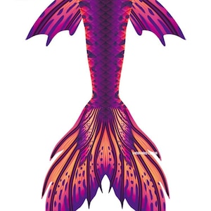 Pode incluir: Uma cauda de sereia vibrante em tons de laranja, roxo e rosa. A cauda apresenta um padrão de escamas e barbatanas grandes e fluidas. O texto "AAE 1" é visível no canto superior esquerdo.