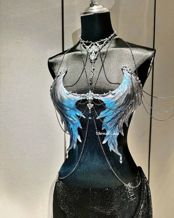 Metallic Color Angel Wings Resin Porcelain Mermaid Corset Bra Top