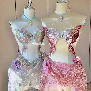 Soutien-gorge corset sirène en résine avec papillons arc-en-ciel adorant des fleurs, protection par brevet