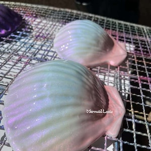 Può includere: Due oggetti a forma di conchiglia iridescente con una finitura perlata nei toniata in tonalità azzurro, rosa e bianco. Le conchiglie presentano una consistenza a coste e il testo Mermaid Lucia è stampato in bianco sulla superficie della conchiglia più grande.