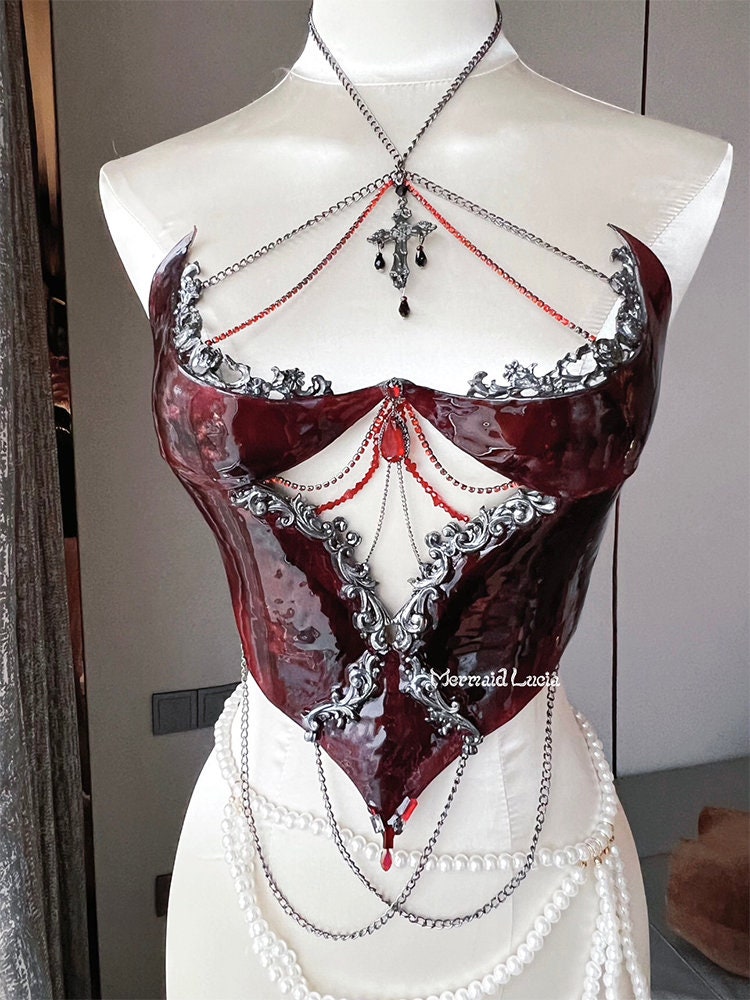 Rose Gothic Blood Resin Mermaid Corset Bra Top Cosplay Costume