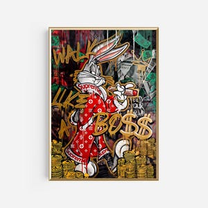 Poster di street art "Walk Like a Boss", stampa murale di graffiti urbani "Rich Bunny", stampa di cartoni animati hip-hop di lusso per l'arredamento moderno della casa, stampa murale di denaro