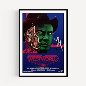 Poster del film Westworld - Stampa artistica alternativa retrò, classico di fantascienza del 1973, Yul Brynner Robot Cowboy, decorazione da parete in stile neon vintage, West World
