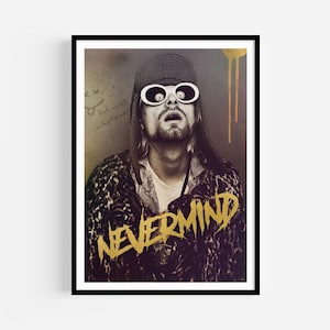 Poster di Kurt Cobain "Nevermind", stampa artistica da parete grunge, tributo ai Nirvana con testo dorato, leggenda del rock alternativo, icona musicale malinconica