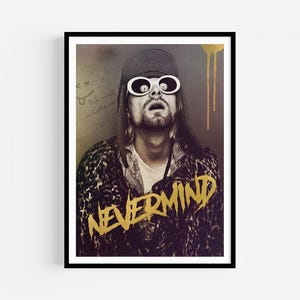 Poster di Kurt Cobain "Nevermind", stampa artistica da parete grunge, tributo ai Nirvana con testo dorato, leggenda del rock alternativo, icona musicale malinconica