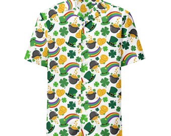 Chemise boutonnée pour la Saint-Patrick avec trèfles verts, arc-en-ciel et pot d'or