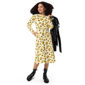 Sunflower Dress with Pockets, Midi Length with Long Sleeves