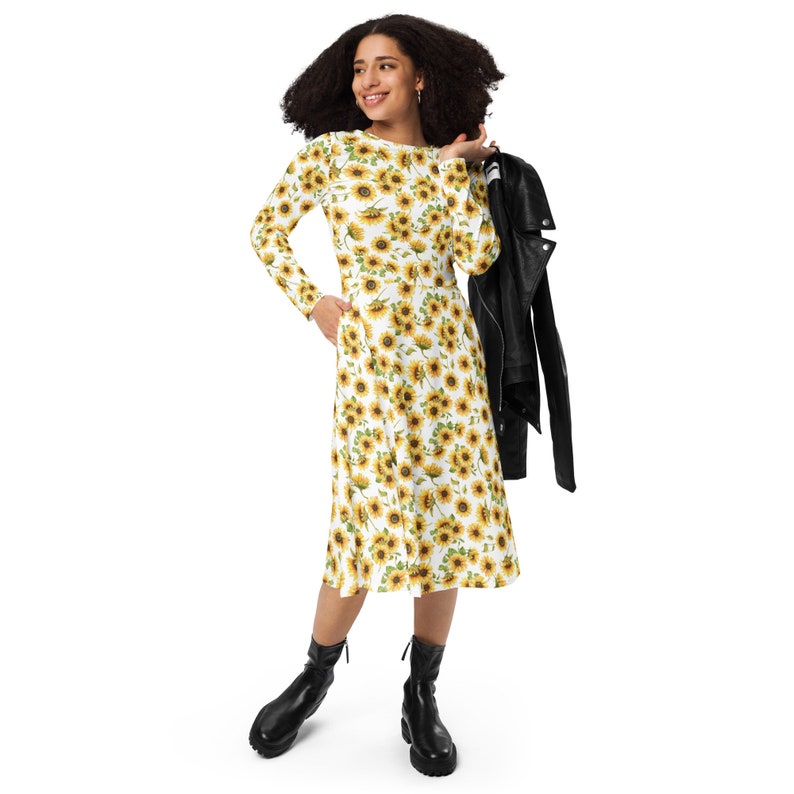 Sunflower Dress with Pockets, Midi Length with Long Sleeves