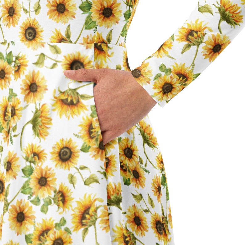 Sunflower Dress with Pockets, Midi Length with Long Sleeves