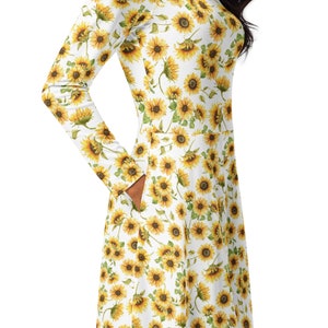 Sunflower Dress with Pockets, Midi Length with Long Sleeves