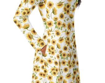 Sunflower Dress with Pockets, Midi Length with Long Sleeves