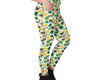 Leggings avec poches pour la Saint-Patrick, avec trèfles verts, arc-en-ciel et pot d'or