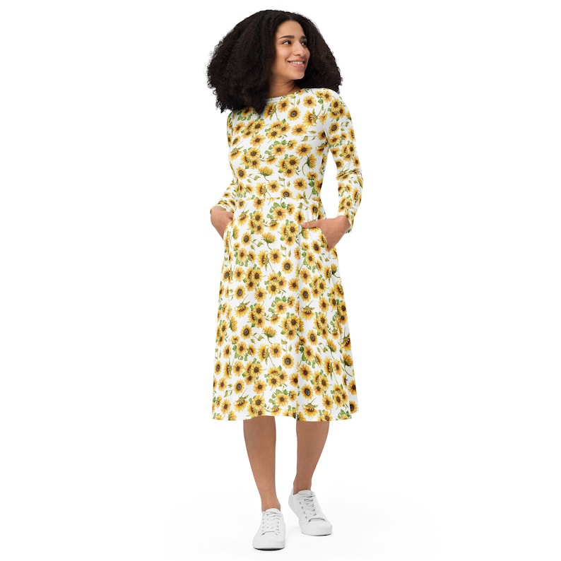 Sunflower Dress with Pockets, Midi Length with Long Sleeves