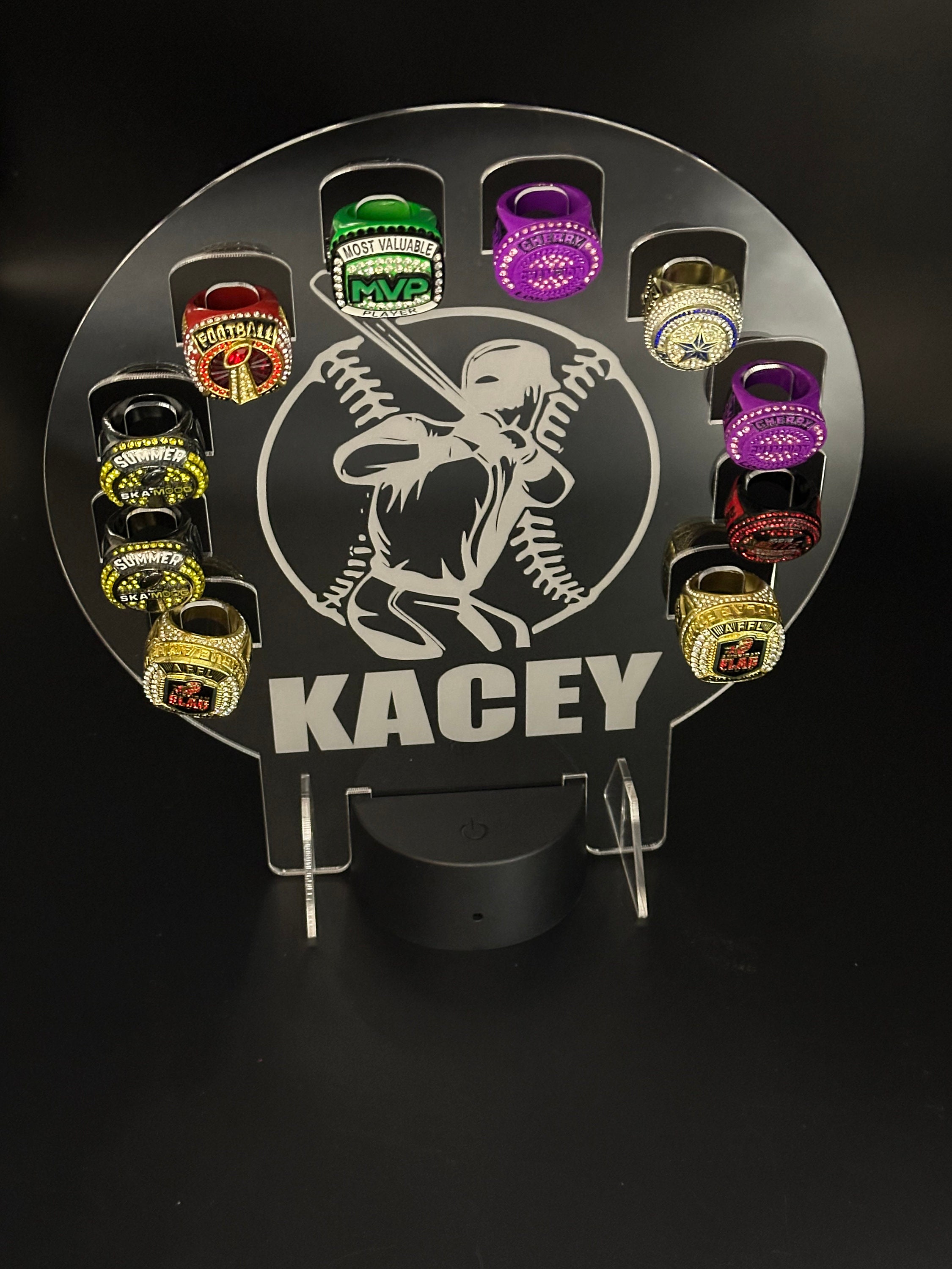 Custom Name Championship Ring Holder, Light up Display Kids Trophy Night Light, Baseball Trophy Light Display, End of Season Gift, Personalized Gift for Her